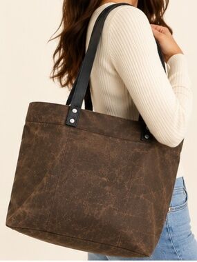 Handmade Waxed Canvas Tote Bag Brown Black Straps Large Shopper